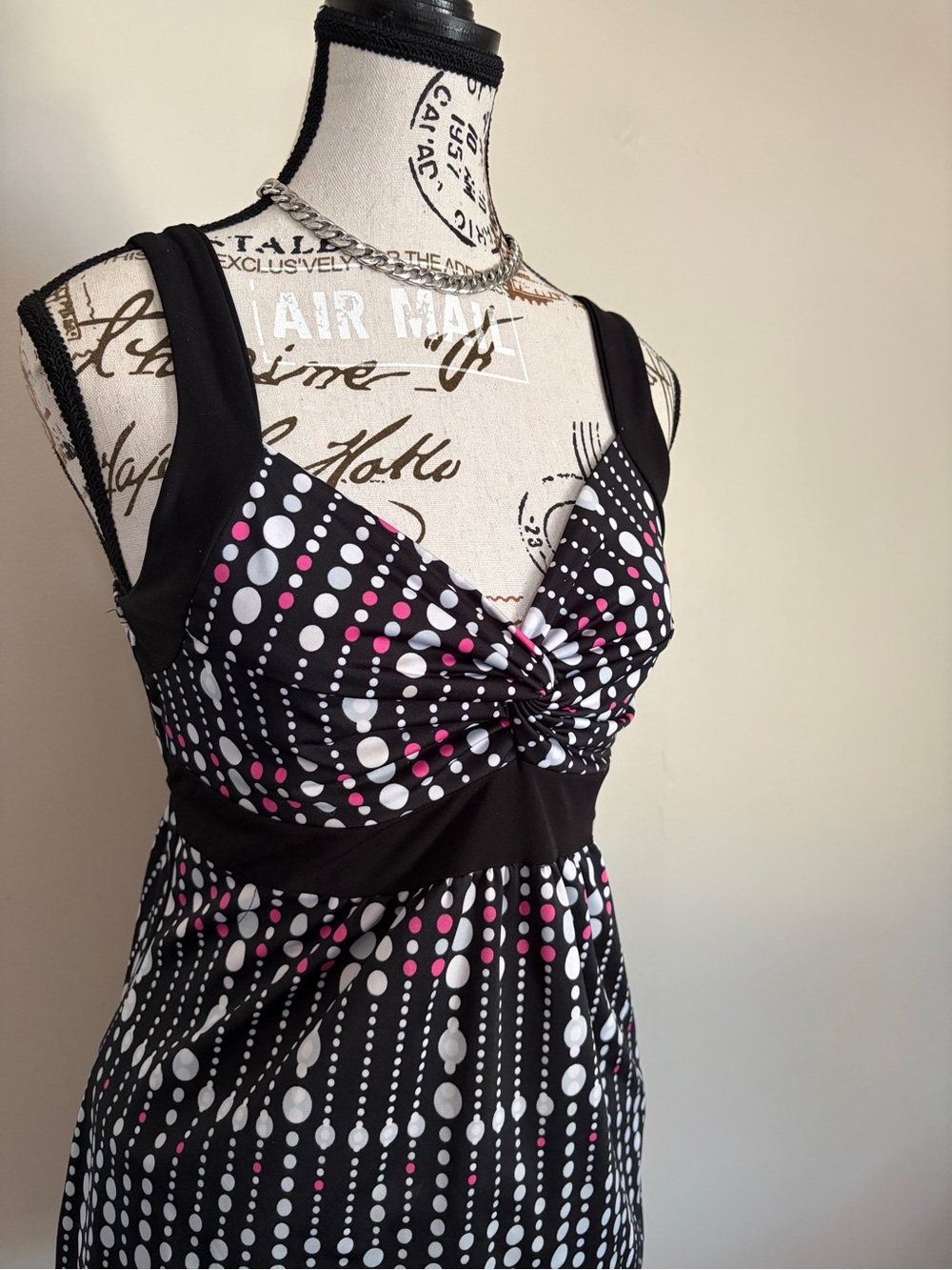 Y2K Black Pink Polka Dot Tie Back Baby Doll Sweetheart Top - Picture 2 of 9